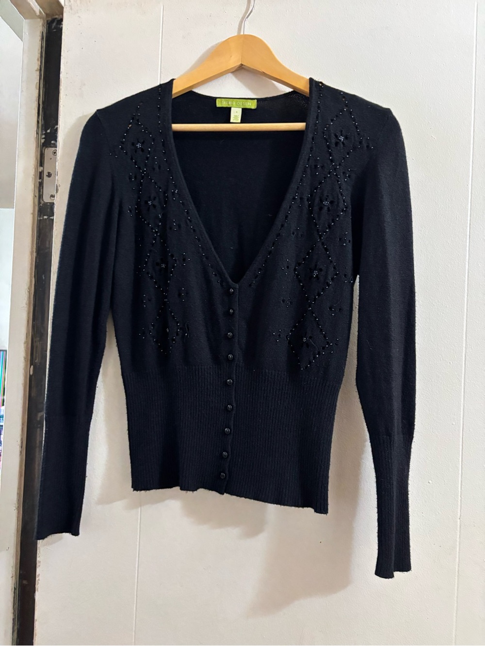 Sigrid Olsen Black Beaded V-Neck Buttoned Cardigan